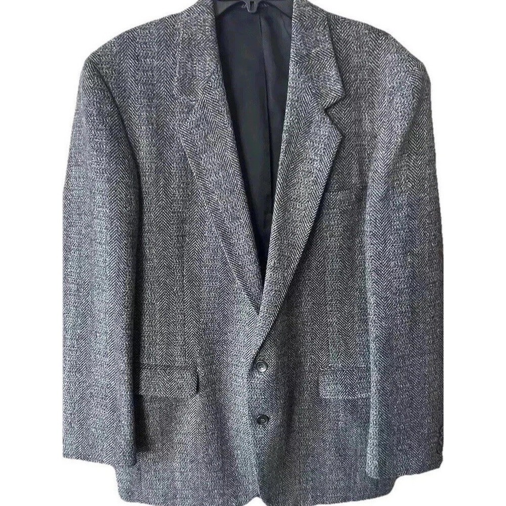 Men's Wool Sport Coat 44L Gray Herringbone 2 Button Gallery Haggar Office